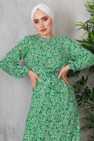 Tesettür giyim YEŞİL ÇİÇEK DESENLİ ELBİSE 8352 