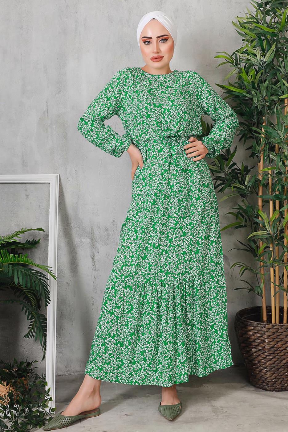 Tesettür giyim YEŞİL ÇİÇEK DESENLİ ELBİSE 8352 