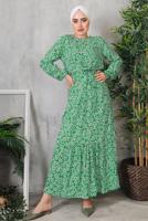 Tesettür giyim YEŞİL ÇİÇEK DESENLİ ELBİSE 8352 