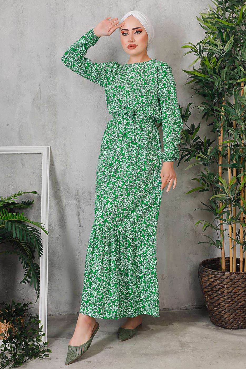 Tesettür giyim YEŞİL ÇİÇEK DESENLİ ELBİSE 8352 
