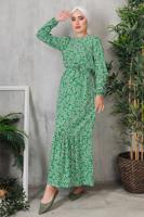 Tesettür giyim YEŞİL ÇİÇEK DESENLİ ELBİSE 8352 