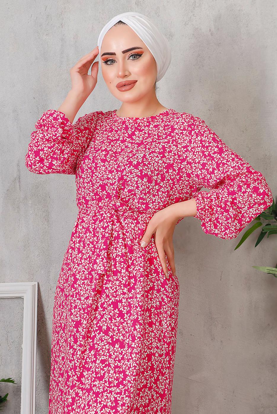 Tesettür giyim PEMBE ÇİÇEK DESENLİ ELBİSE 8352 