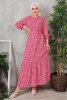 Tesettür giyim PEMBE ÇİÇEK DESENLİ ELBİSE 8352 