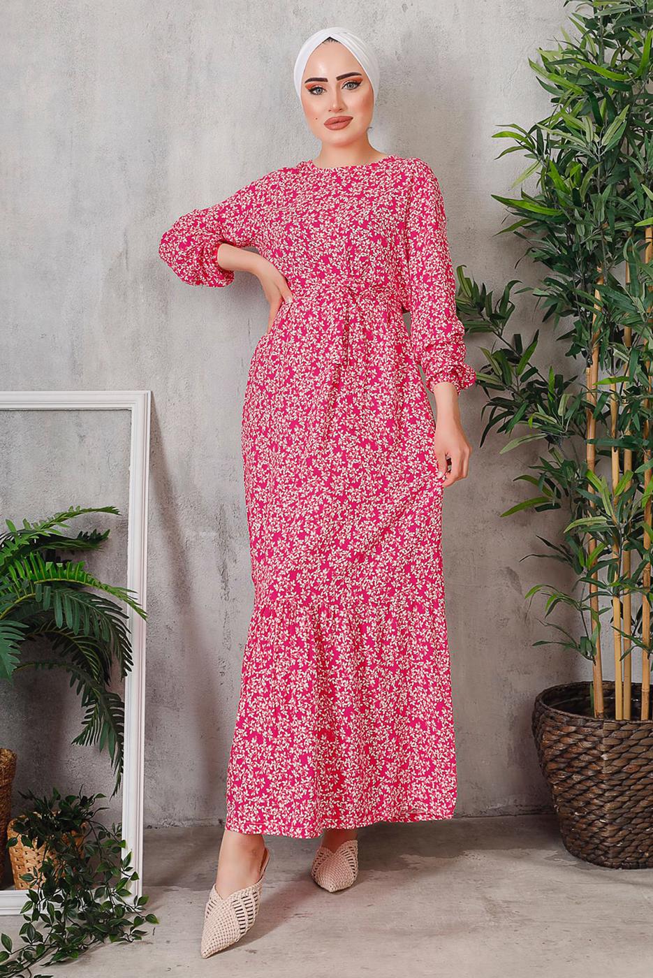 Tesettür giyim PEMBE ÇİÇEK DESENLİ ELBİSE 8352 
