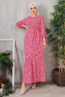 Tesettür giyim PEMBE ÇİÇEK DESENLİ ELBİSE 8352 
