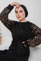 Tesettür giyim KAHVE KOLLARI PULLU KUŞAKLI ELBİSE 8722 