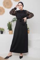 Tesettür giyim KAHVE KOLLARI PULLU KUŞAKLI ELBİSE 8722 