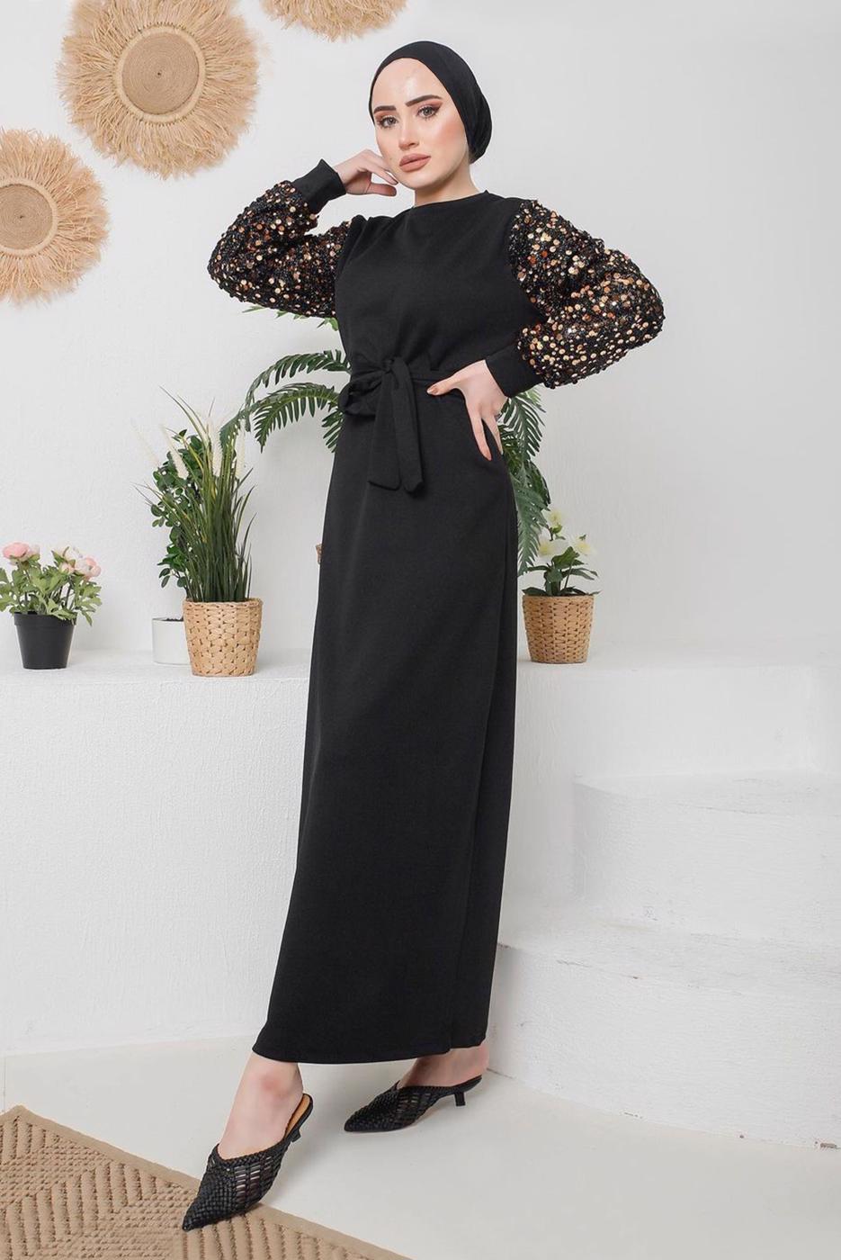 Tesettür giyim KAHVE KOLLARI PULLU KUŞAKLI ELBİSE 8722 