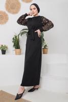 Tesettür giyim KAHVE KOLLARI PULLU KUŞAKLI ELBİSE 8722 