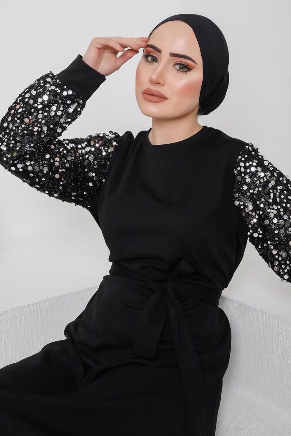 Tesettür giyim GÜMÜŞ KOLLARI PULLU KUŞAKLI ELBİSE 8722 