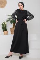 Tesettür giyim GÜMÜŞ KOLLARI PULLU KUŞAKLI ELBİSE 8722 