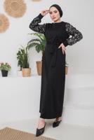 Tesettür giyim GÜMÜŞ KOLLARI PULLU KUŞAKLI ELBİSE 8722 