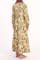 Tesettür giyim KAHVE MANŞETLERİ LASTİKLİ ÇİÇEKLİ ELBİSE 8732 