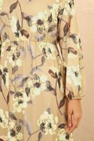 Tesettür giyim KAHVE MANŞETLERİ LASTİKLİ ÇİÇEKLİ ELBİSE 8732 