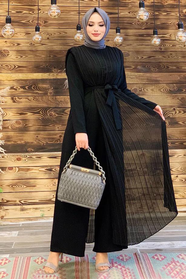 Tesettür giyim SİYAH PİLE DETAYLI KUŞAKLI TULUM T 8943 - TRENDTESETTÜR