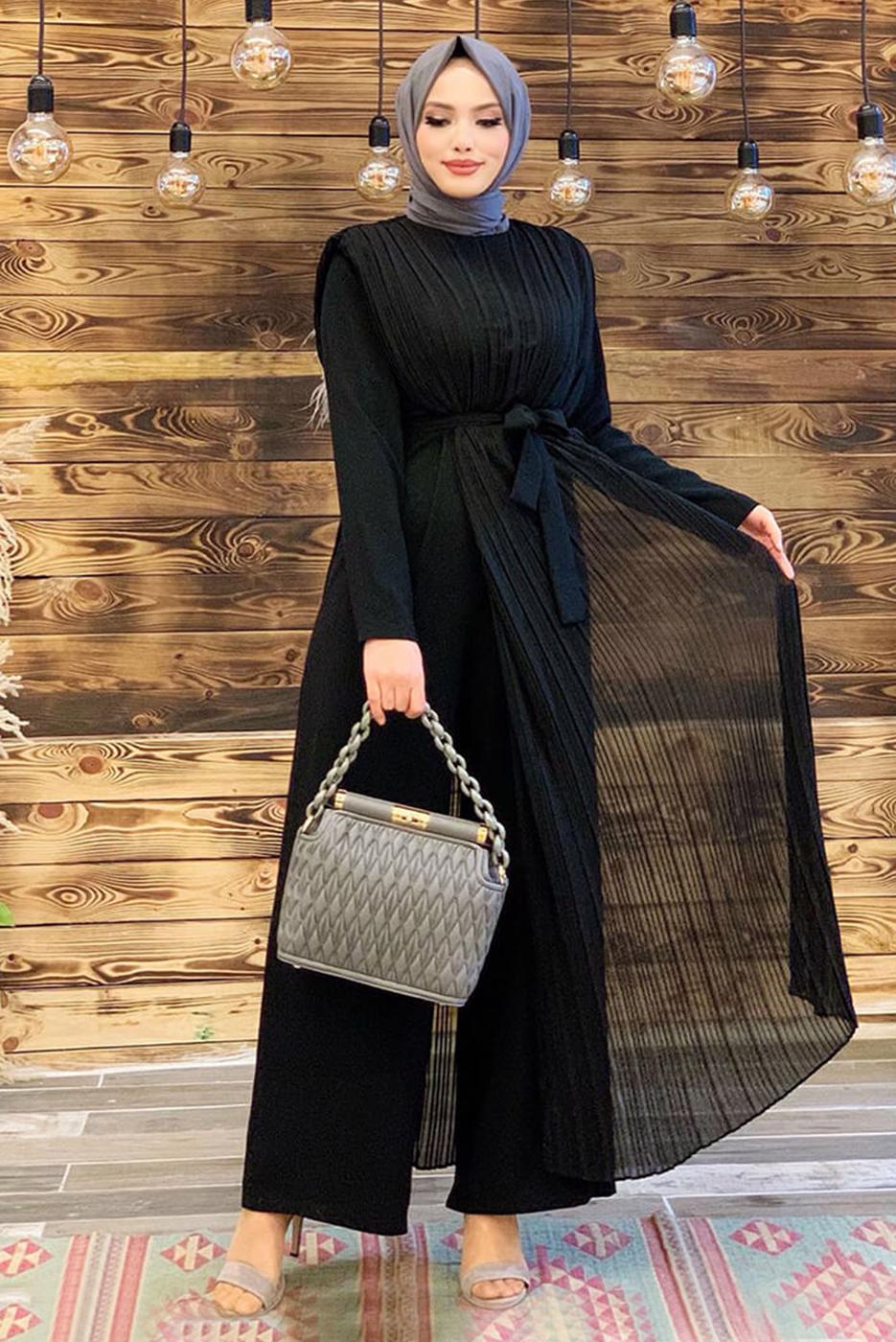 Vêtements hijab NOIR COMBINAISON CEINTURE À DÉTAIL PLISSÉ T 8943
