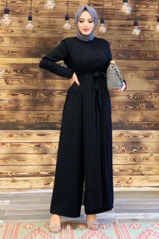 Tesettür giyim SİYAH PİLE DETAYLI KUŞAKLI TULUM T 8943 - TRENDTESETTÜR
