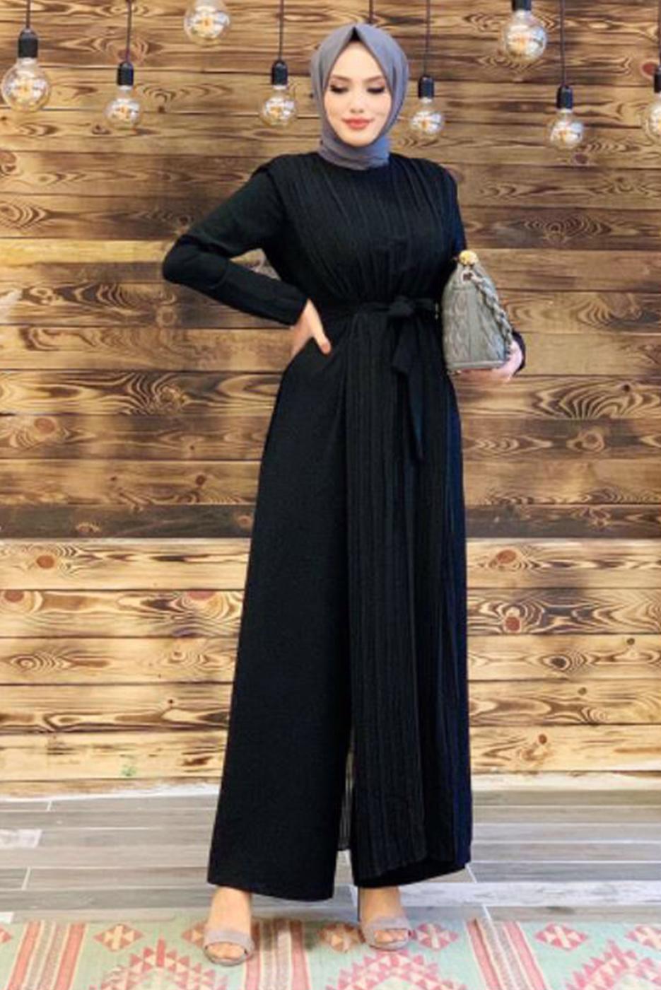 Vêtements hijab NOIR COMBINAISON CEINTURE À DÉTAIL PLISSÉ T 8943
