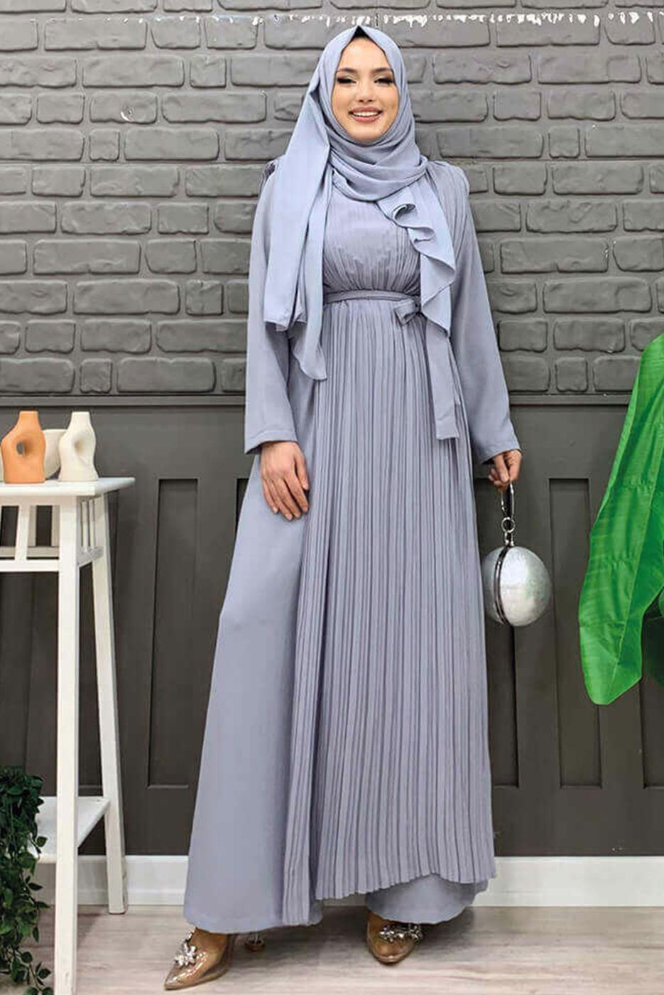 Hijab clothing GREY PLEAT DETAIL BELTED JUMPSUIT T 8943