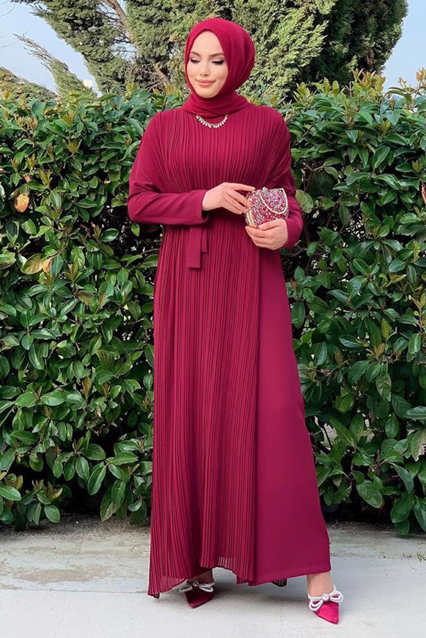 Tesettür giyim BORDO PİLE DETAYLI KUŞAKLI TULUM T 8943 - TRENDTESETTÜR