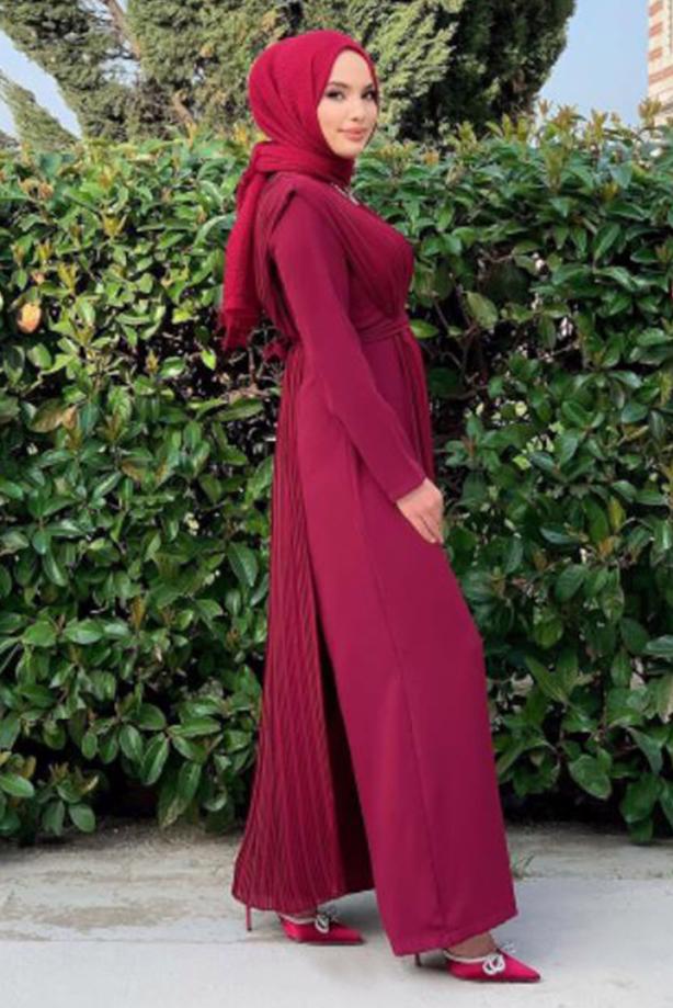 Tesettür giyim BORDO PİLE DETAYLI KUŞAKLI TULUM T 8943 - TRENDTESETTÜR