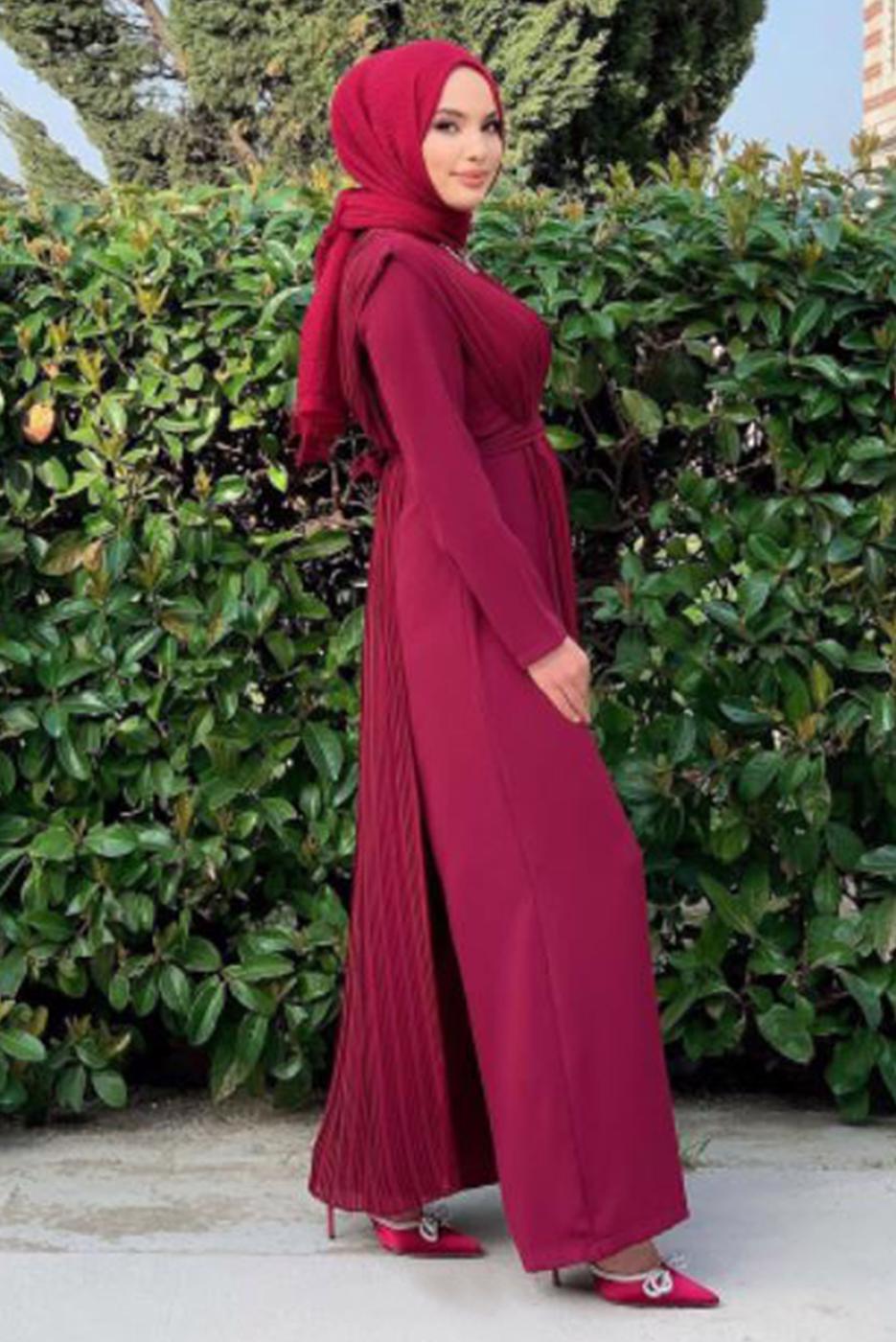 Vêtements hijab ROUGE BORDEAUX COMBINAISON CEINTURE À DÉTAIL PLISSÉ T 8943