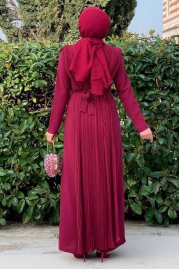 Tesettür giyim BORDO PİLE DETAYLI KUŞAKLI TULUM T 8943 - TRENDTESETTÜR