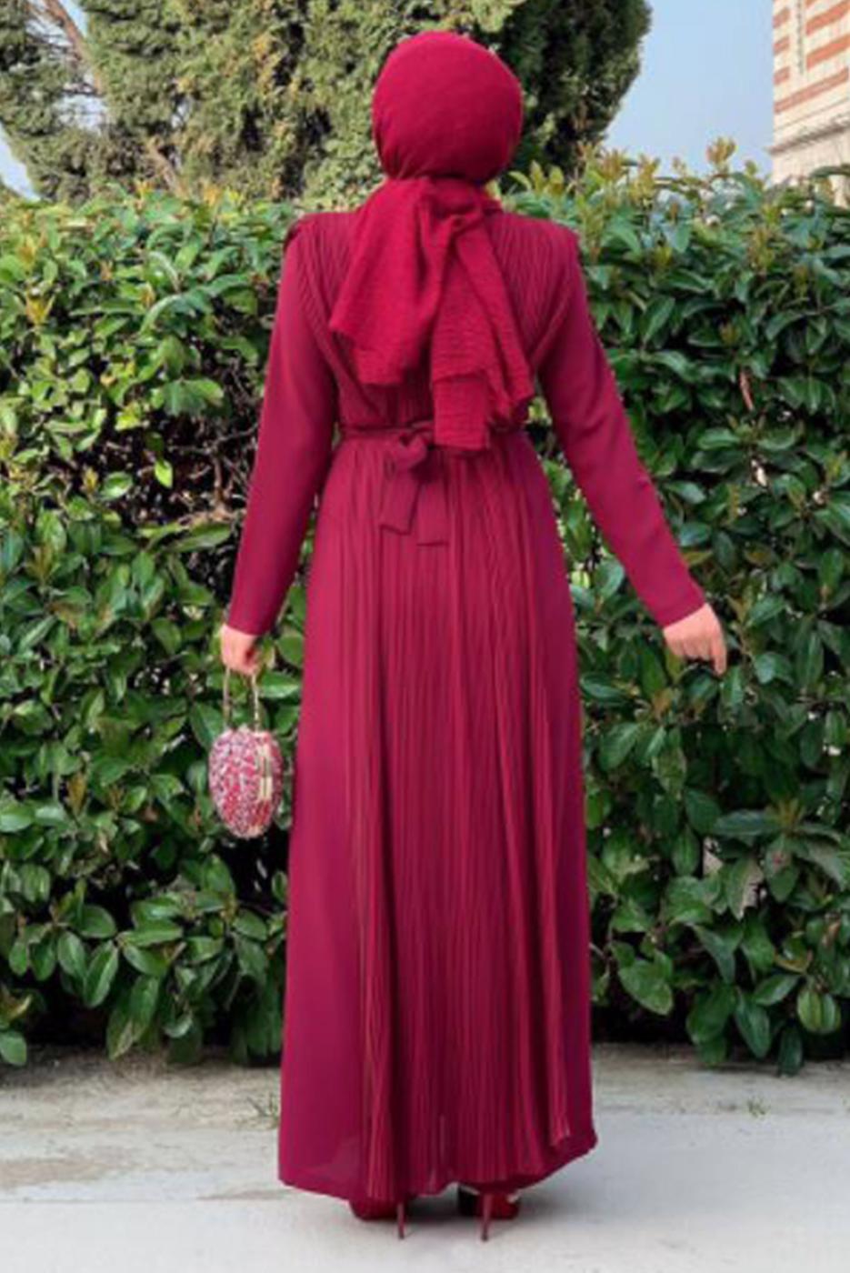 Vêtements hijab ROUGE BORDEAUX COMBINAISON CEINTURE À DÉTAIL PLISSÉ T 8943