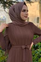 Tesettür giyim KAHVE PİLE DETAYLI KUŞAKLI TULUM T 8943