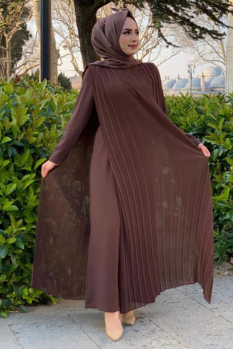 Tesettür giyim KAHVE PİLE DETAYLI KUŞAKLI TULUM T 8943