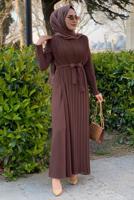 Tesettür giyim KAHVE PİLE DETAYLI KUŞAKLI TULUM T 8943