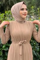 Tesettür giyim VİZON PİLE DETAYLI KUŞAKLI TULUM T 8943