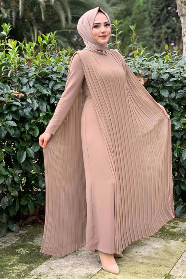 Tesettür giyim VİZON PİLE DETAYLI KUŞAKLI TULUM T 8943 - TRENDTESETTÜR