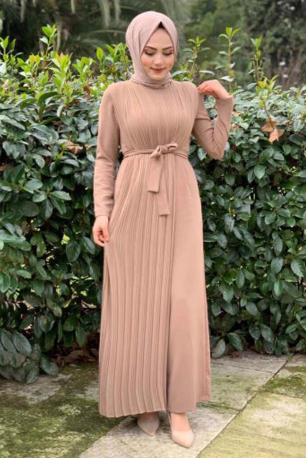 Tesettür giyim VİZON PİLE DETAYLI KUŞAKLI TULUM T 8943 - TRENDTESETTÜR