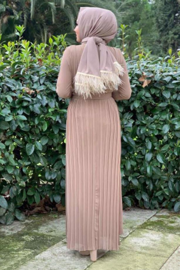 Tesettür giyim VİZON PİLE DETAYLI KUŞAKLI TULUM T 8943 - TRENDTESETTÜR