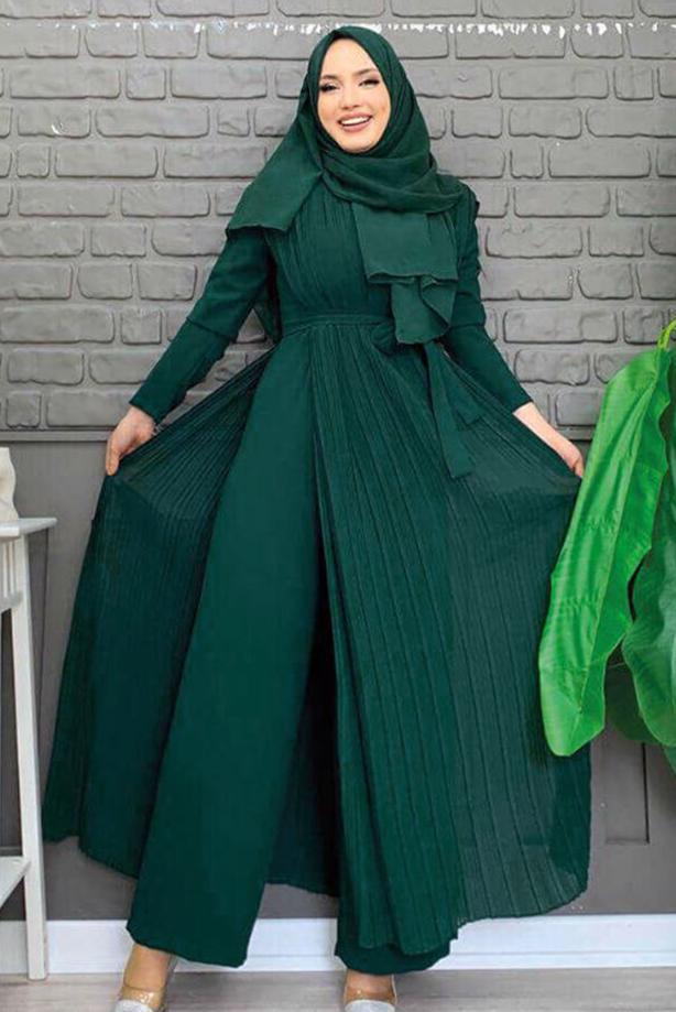 Tesettür giyim YEŞİL PİLE DETAYLI KUŞAKLI TULUM T 8943 - TRENDTESETTÜR