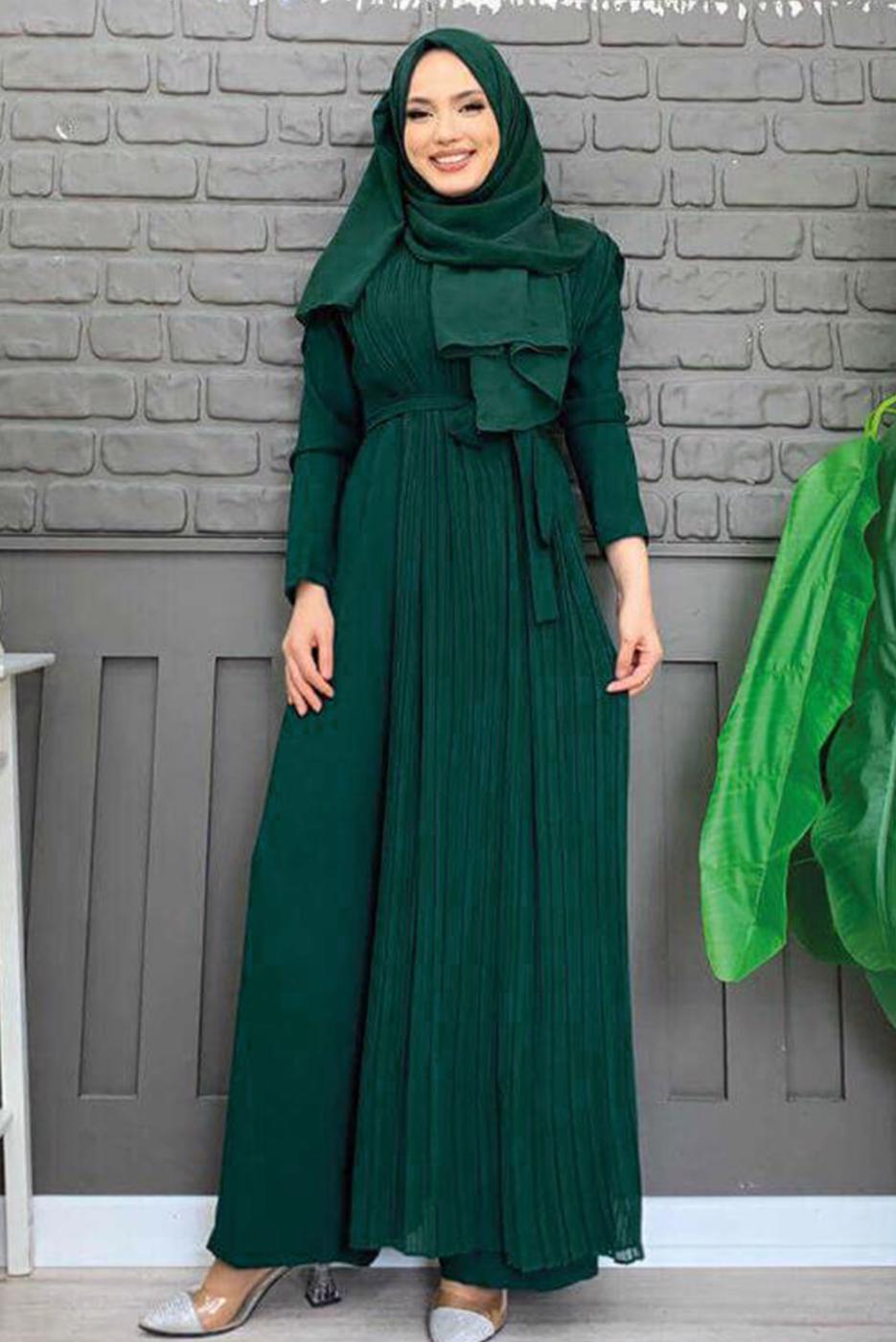 Tesettür giyim YEŞİL PİLE DETAYLI KUŞAKLI TULUM T 8943