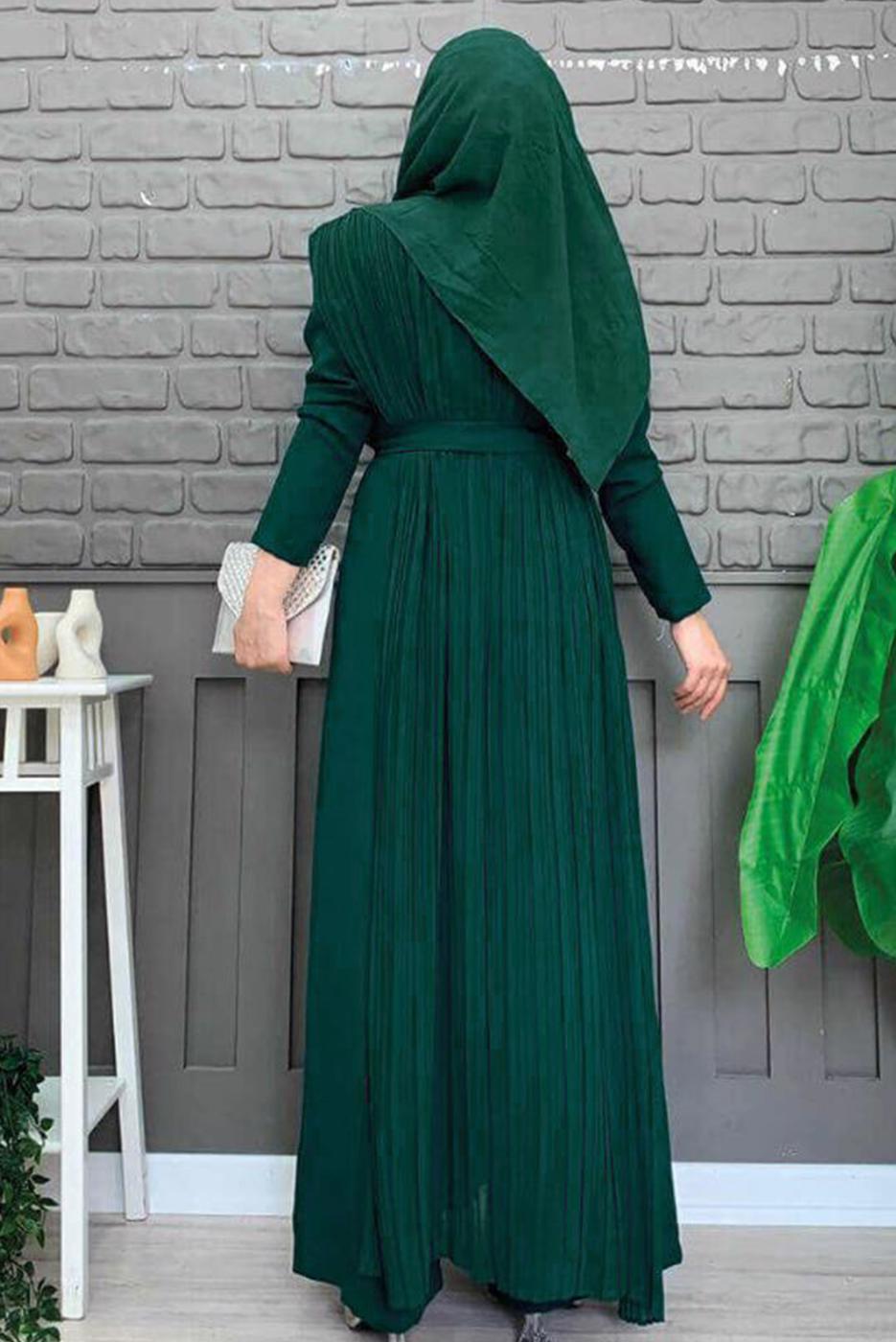 Tesettür giyim YEŞİL PİLE DETAYLI KUŞAKLI TULUM T 8943
