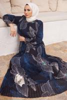 Tesettür giyim LACİVERT PİLİSELİ DESENLİ ELBİSE 9032 