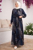 Tesettür giyim LACİVERT PİLİSELİ DESENLİ ELBİSE 9032 
