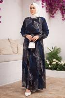 Tesettür giyim LACİVERT PİLİSELİ DESENLİ ELBİSE 9032 