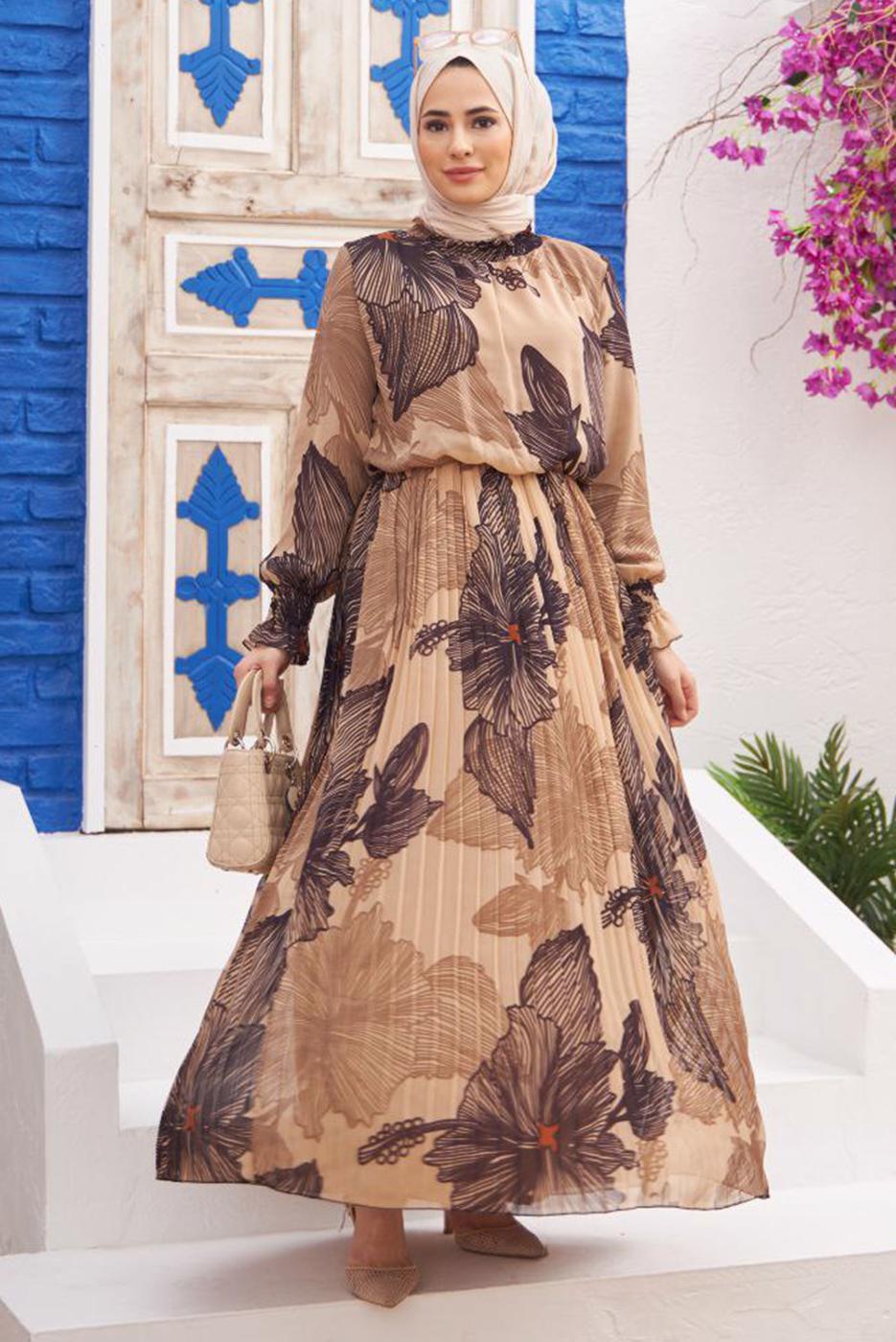 Tesettür giyim KAHVE PİLİSELİ DESENLİ ELBİSE 9032 