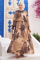 Tesettür giyim KAHVE PİLİSELİ DESENLİ ELBİSE 9032 