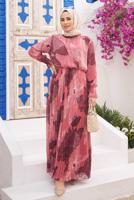Tesettür giyim PEMBE PİLİSELİ DESENLİ ELBİSE 9032 