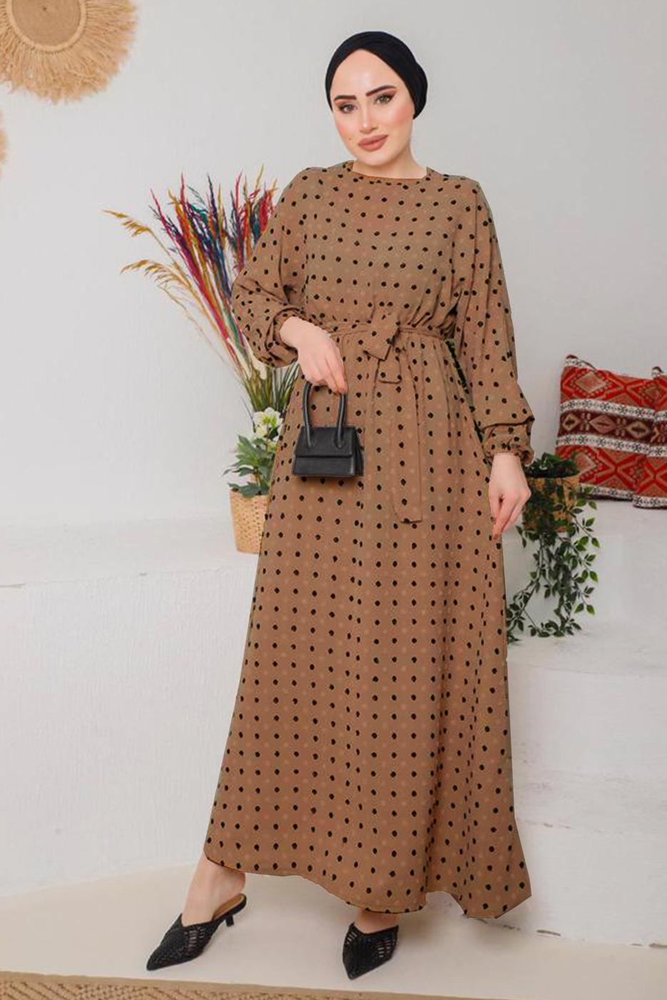 Tesettür giyim TABA BELİ KUŞAKLI PUANTİYELİ ELBİSE 9042 