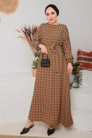 Tesettür giyim TABA BELİ KUŞAKLI PUANTİYELİ ELBİSE 9042 