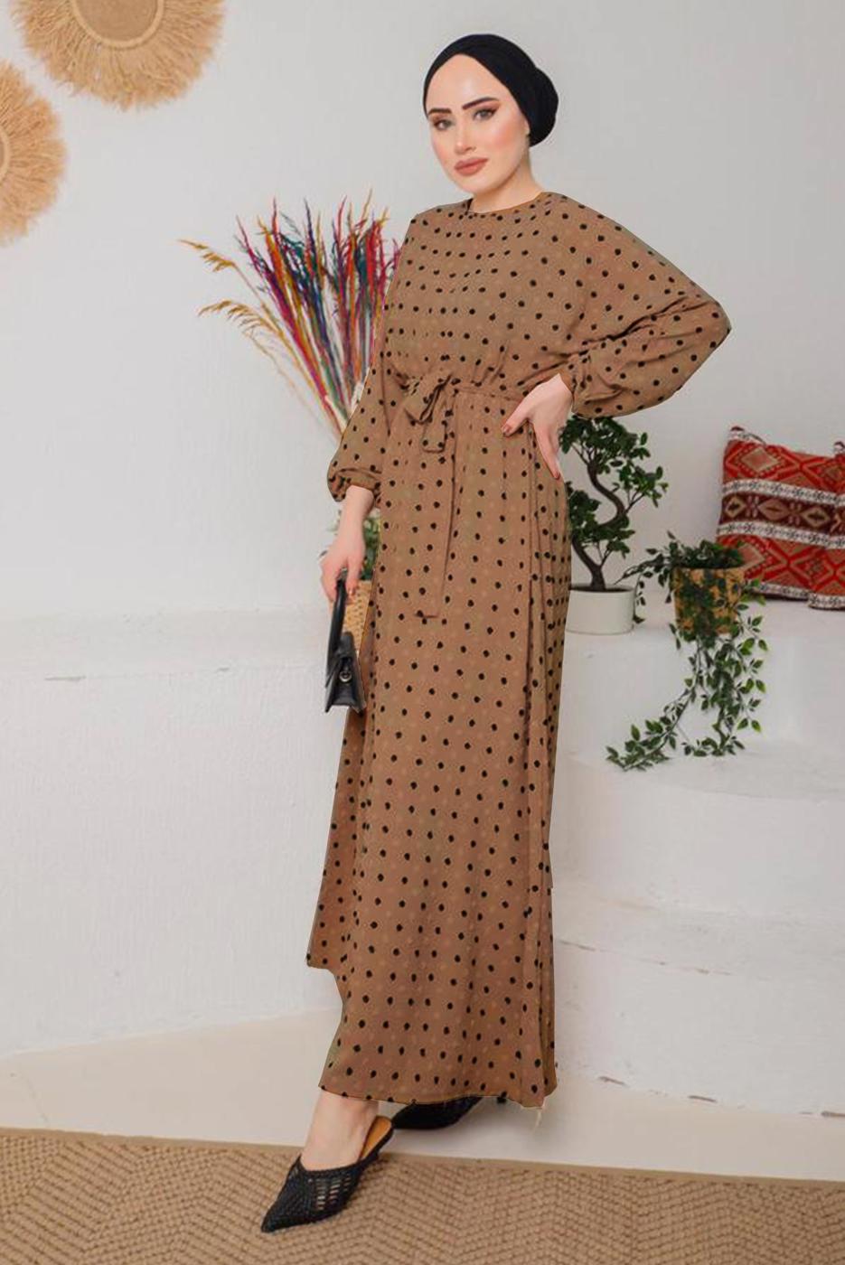 Tesettür giyim TABA BELİ KUŞAKLI PUANTİYELİ ELBİSE 9042 