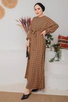 Tesettür giyim TABA BELİ KUŞAKLI PUANTİYELİ ELBİSE 9042 