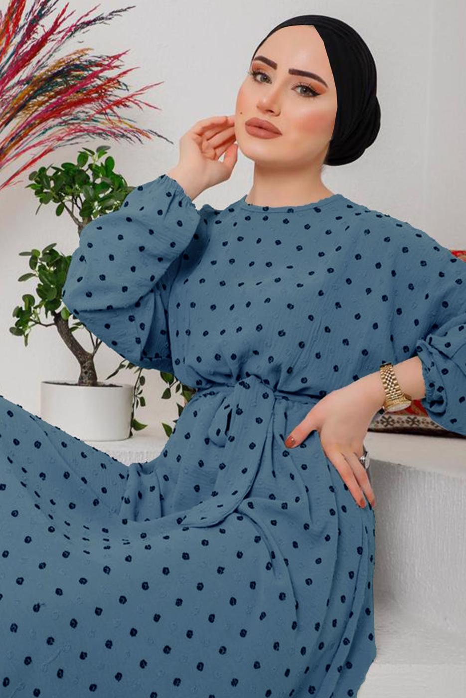 Vêtements hijab BLEU MARINE ROBE À POIS ET CEINTURE 9042