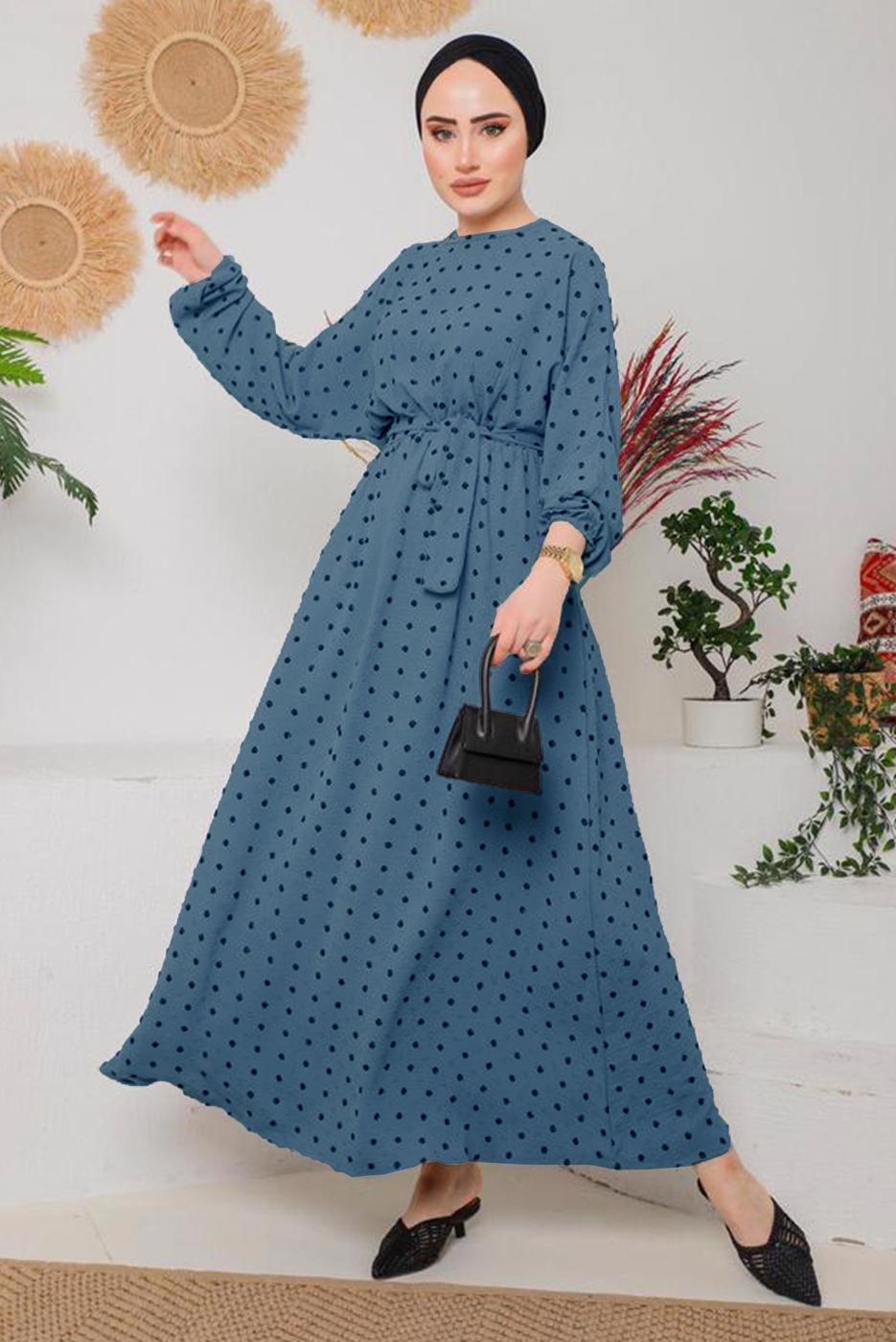 Vêtements hijab BLEU MARINE ROBE À POIS ET CEINTURE 9042